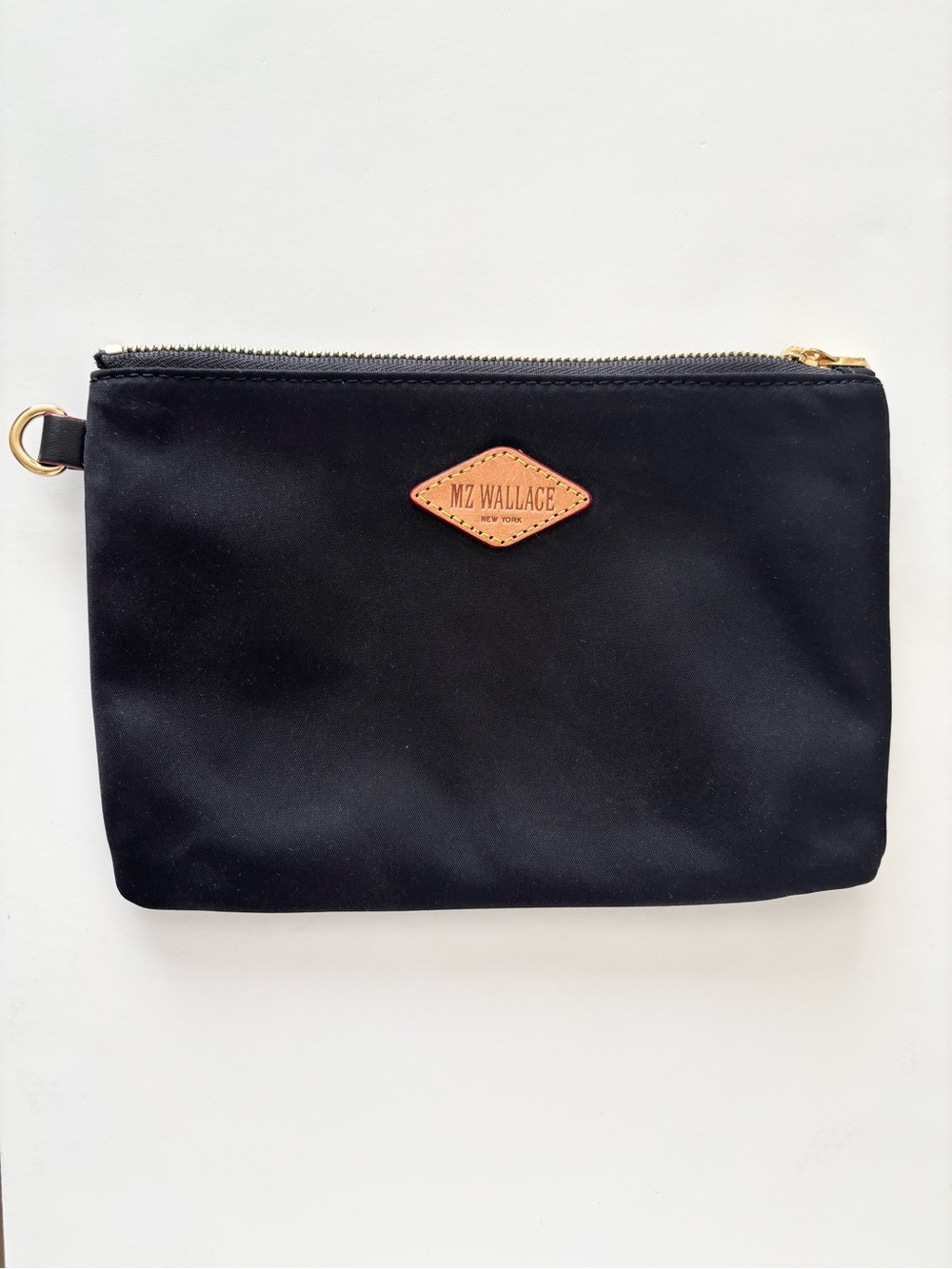 NEW NEVER USED MZ Wallace Black Pouch with Tan Leather Logo and Gold Hardware